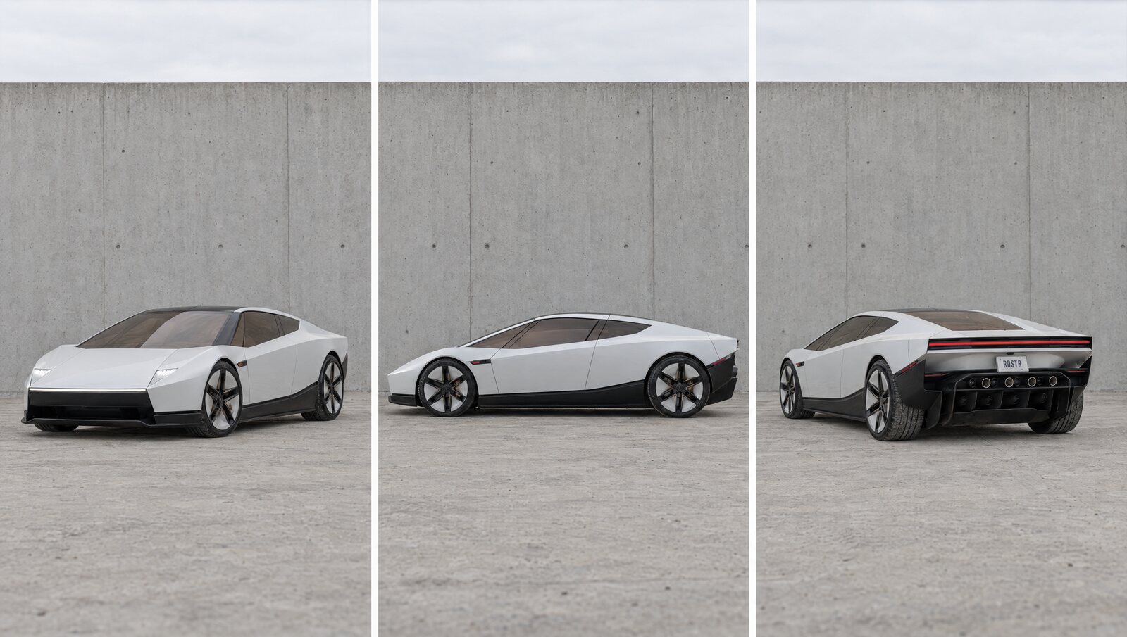 The car sheet: three photos of the white Roadster parked on concrete