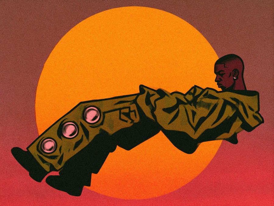 Midjourney frame: man floating in mid air in olive tech wear against a huge orange sun